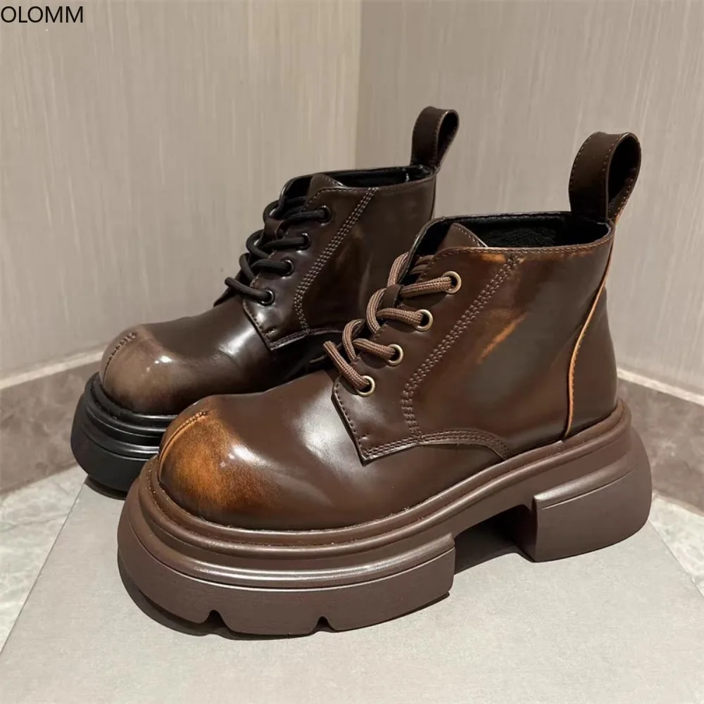 

Ankle Boots Womens Round Toe Retro Platform Chunky Heel Lace Up Vingtage Shoes Knight New 2023