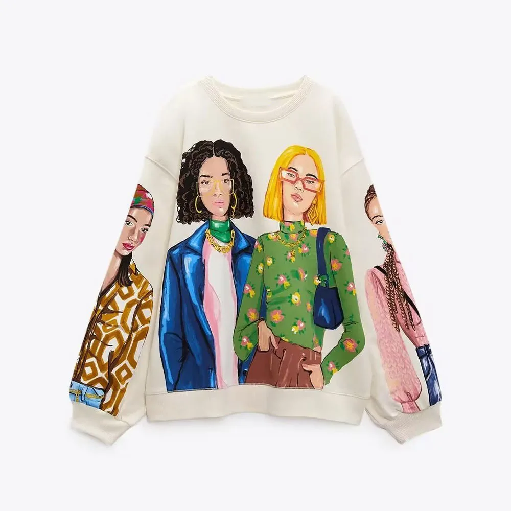 

Fall New Fashion Women's Casual Round Neck Long Sleeve Front Contrast Color Girl Print Decorative Sweatshirt