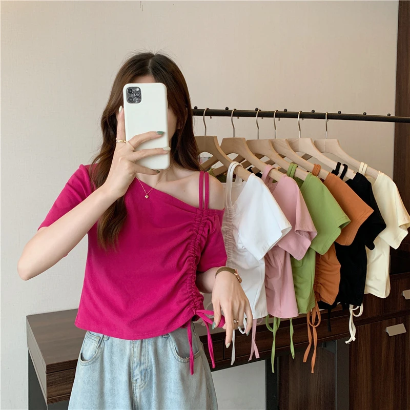 

Sexy Drawstring Ruched Tshirt Women Solid Short Sleeve Tee Casual Tank Tops Fashion Crop Top Lady Summer T Shirt Y2k Streetwear