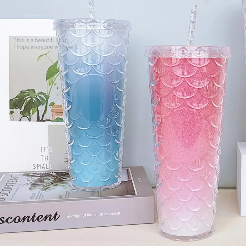 

Двухслойная кружка для рыб с логотипом, летняя кружка, кружка на Рождество, яркая кружка с рыбной чешуей и соломинкой, кофейные чашки 700 мл