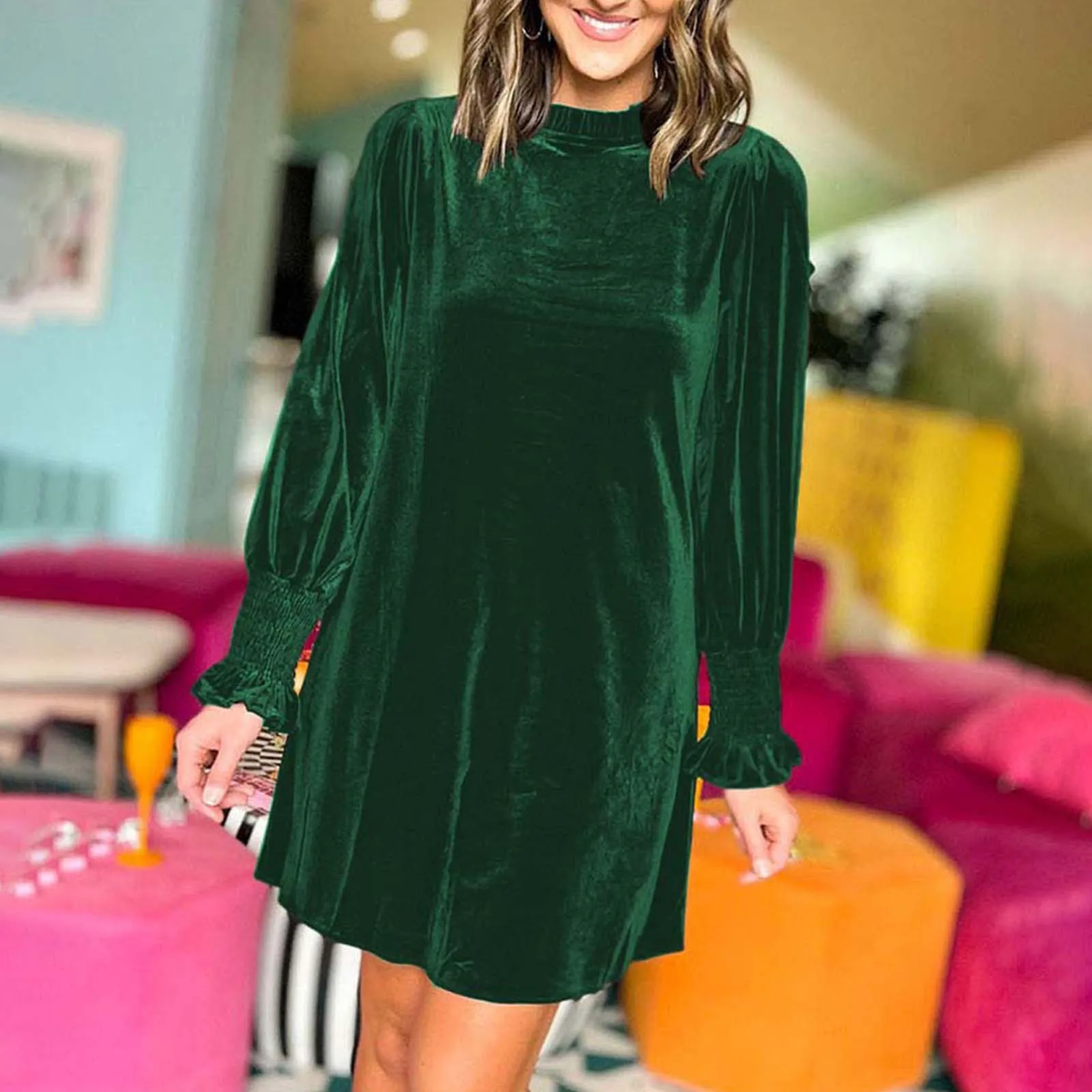

Women's Solid Colour Loose Straight Dresses Casual Simple Knee Length Dresses Plus Size Long Sleeve Round Neck Pullover Dresses