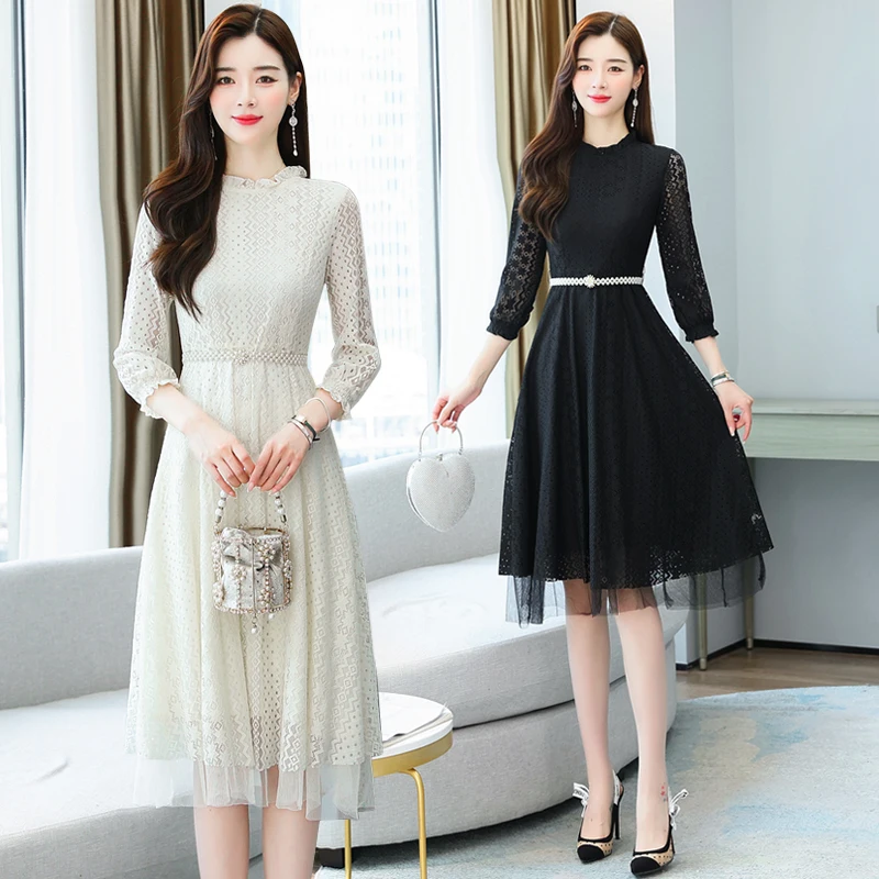 

COIGARSAM Dresses Women Spring New Patchwork Lace Mesh High Waist Beige Black Dress Dropshipping