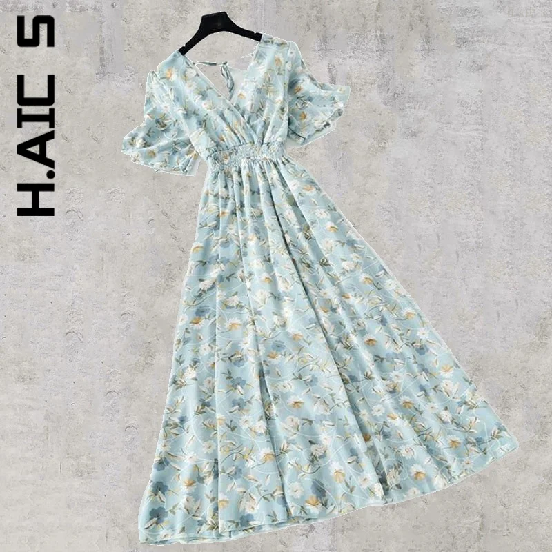 

H.Aic S New Women Dress Girl Sexy Dress V-neck High Waist Backless Floral Print Beach Midi Dresses Slim Vocation Style Female