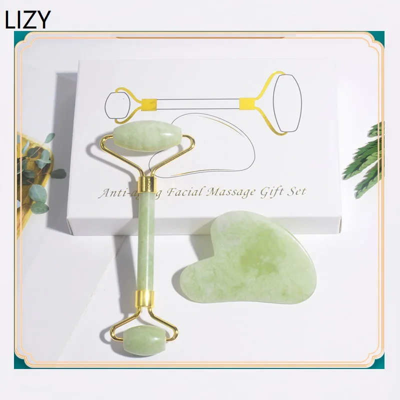 

Натуральный массажер для лица LIZY, ролик для лица, гуаша, скребок, набор с двойными головками, Нефритовый бриллиантовый Массажер для ухода за кожей, инструмент для красоты