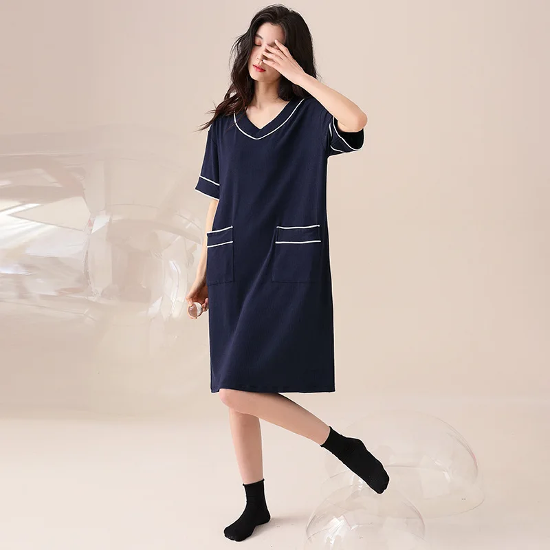 

Short Sleeve Loose Nightdress Female Summer Modal Home Dress With Pocket Lounge Nightgown V-Neck Nighty Pyjamas Sexy Sleepwear