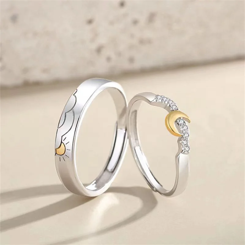 

Romantic Sun Moon Couple Rings For Women Y2K Fashion Angel Wings Rose Flower Adjustable Opening Finger Men's Ring Party Jewelry