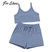 kids girls solid color casual outfits sport clothes set sleeveless shoulder straps top elastic waist shorts childrens home wear