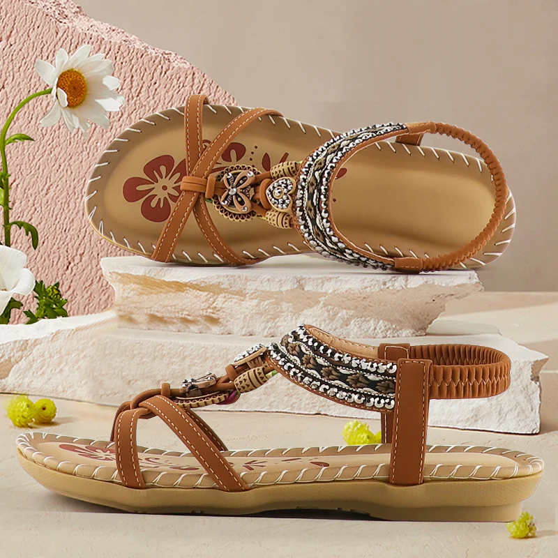 Sandals for Women Casual vintage Rhinestone Platform Sandals Summer Beach Shoes Soft Elastic Band Ladies Sandals