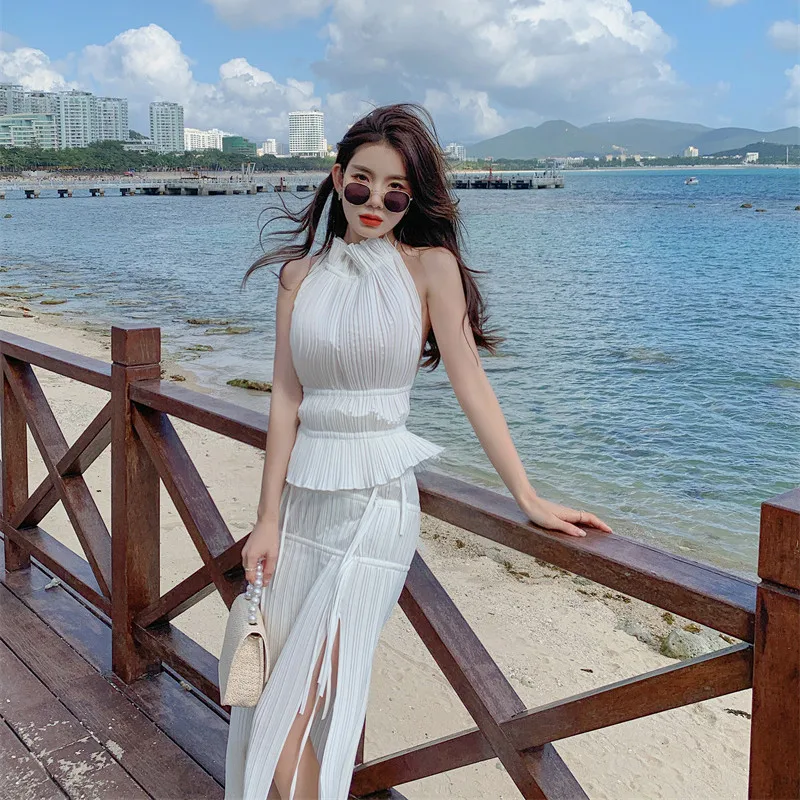 

New Sexy Slit Lace High Waist Pleated Mid-length Skirt Large Open Back Top Suit