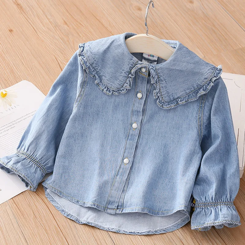 

2022 New Spring Autumn 2 3 4 5 6 8 10 Years Children Clothing Turn-Down Neck Long Sleeve Denim Blouse Shirt For Kids Baby Girls