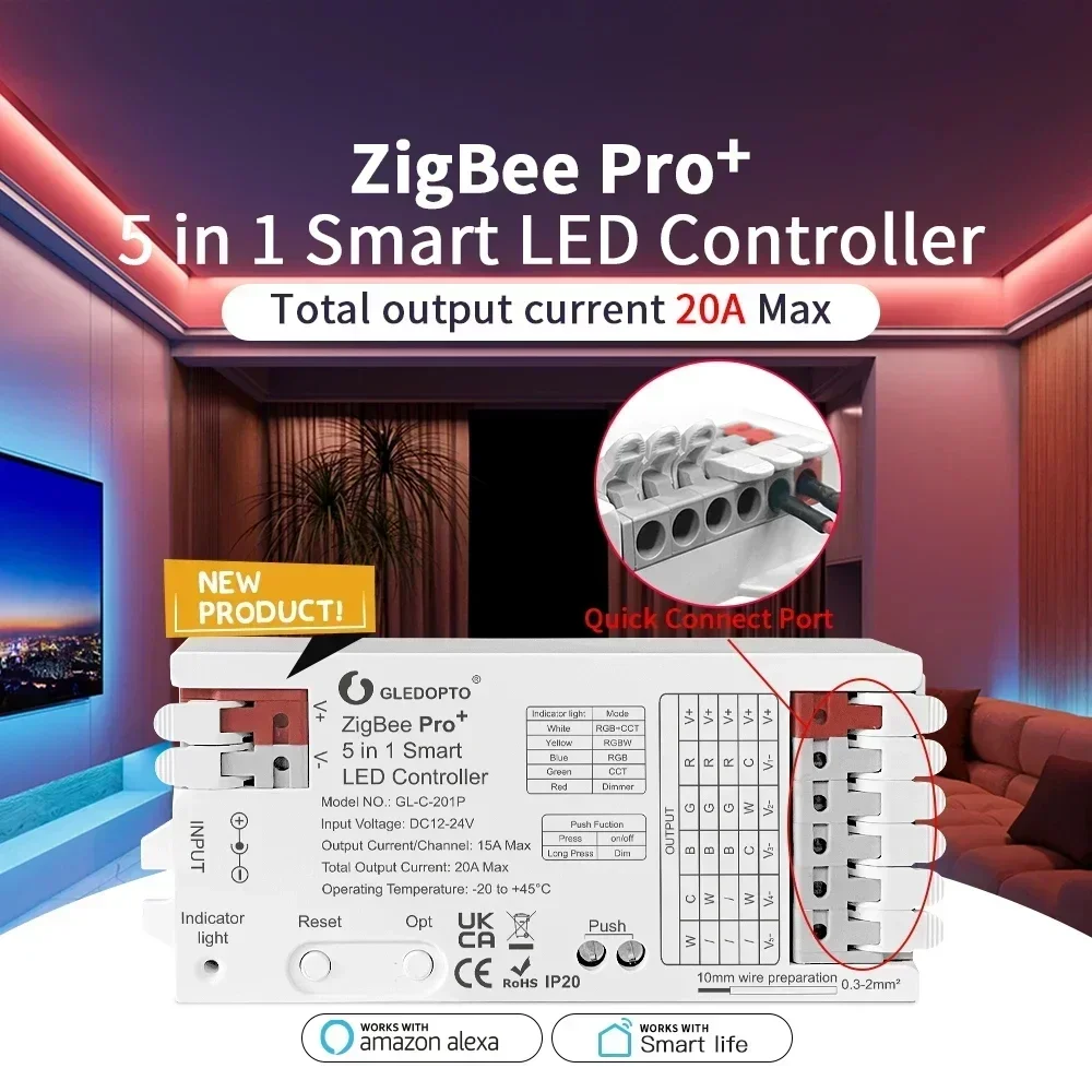 

Zigbee Pro+ 5 in 1 LED Strip Controller 10A Max Alexa Tuya Smart APP Voice RF Remote Control GLEDOPTO RGBCCT/RGBW/RGB/CCT/Dimmer