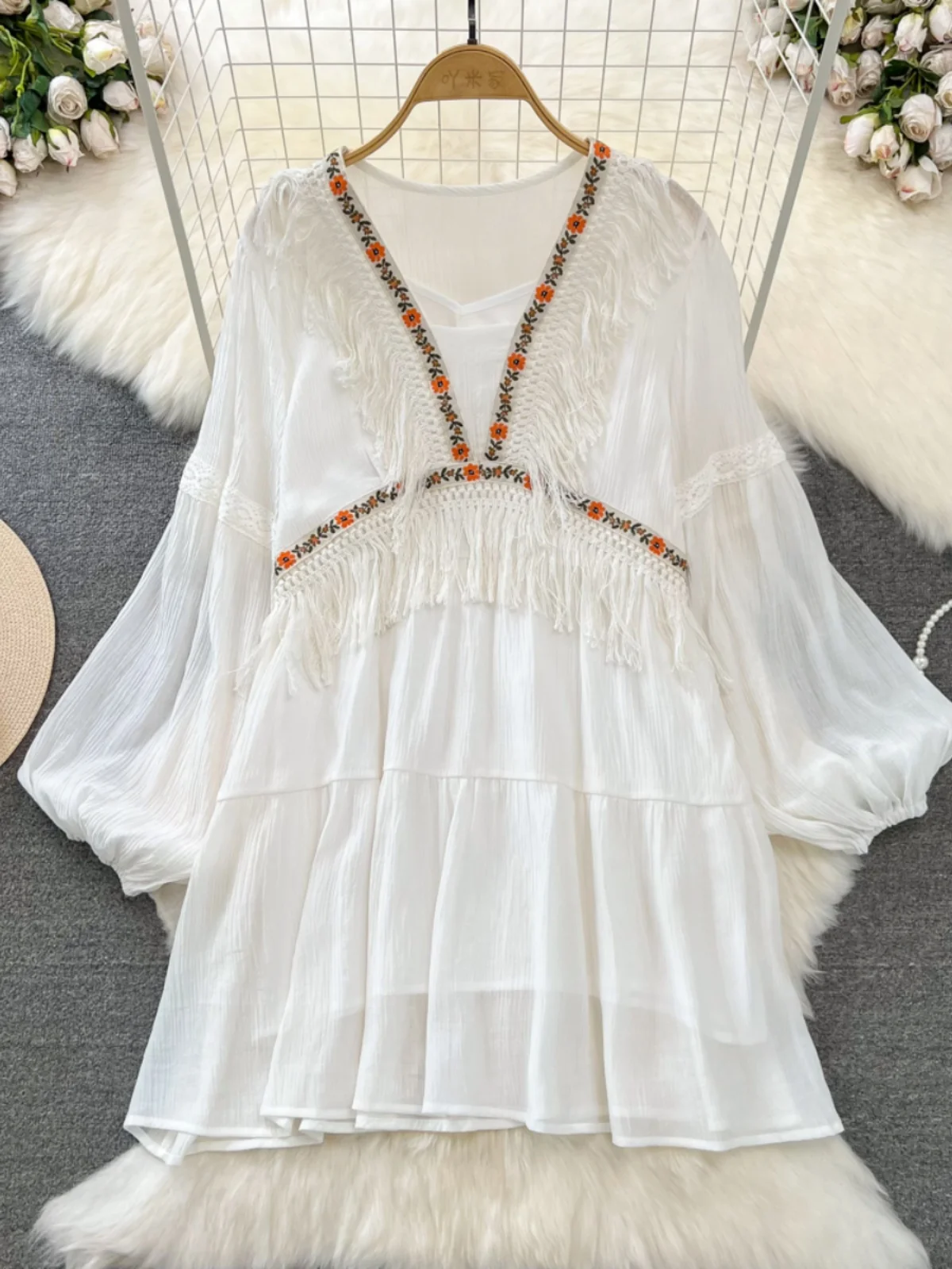 Платье с бахромой в стиле пэчворк для отпуска милое свободное платье-трапеция
