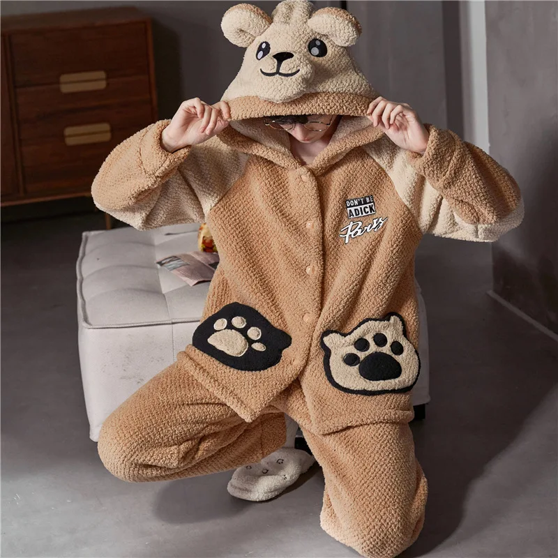 QUHENG Bust Warm Man Fleece Pajamas Winter Men Thick Hood Flannel Kigurumi Female Pajama Set Flannel Sleepwear Velvet Nightwear