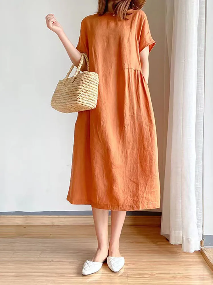 

Платье женское однотонное простое модное, хлопковое свободное приталенное платье средней длины с круглым вырезом и карманами, на лето