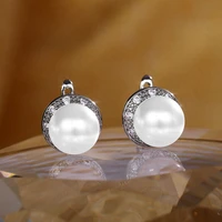 new vintage silver plated whitepink pearls stud earrings for women white cz stone inlay fashion jewelry wedding party gift
