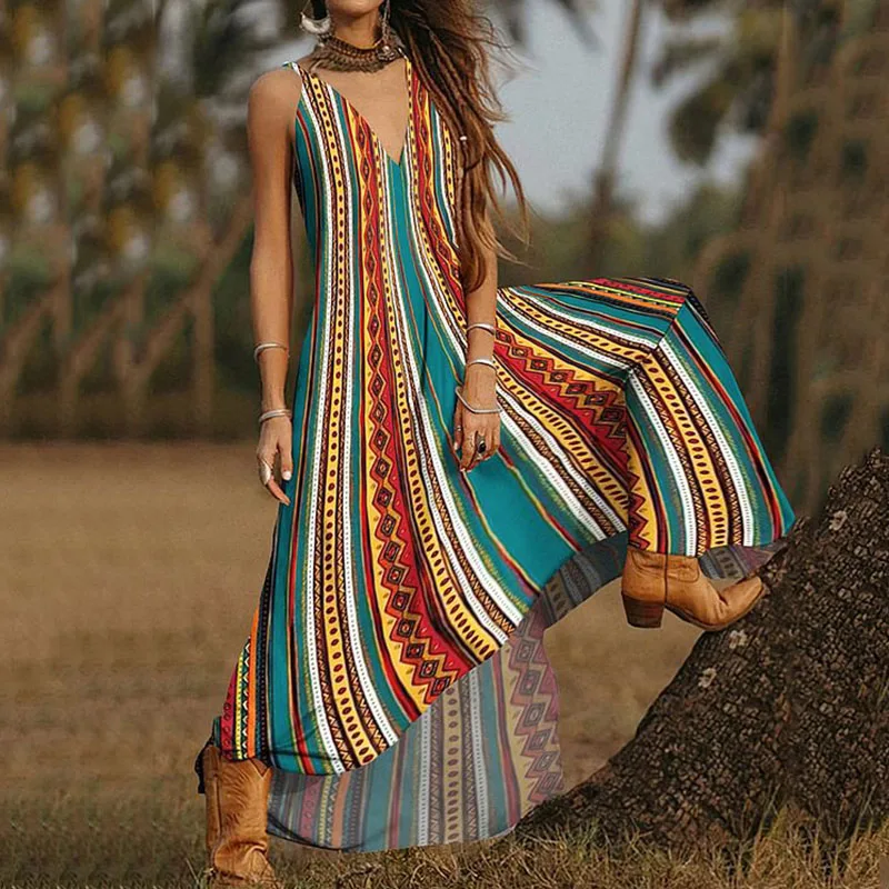 

Lady Deep V Spaghetti Strap Long Dress Bohemian Vintage Pattern Print Hem Dress Summer Sexy Hollow Sleeveless Loose Beach Dress