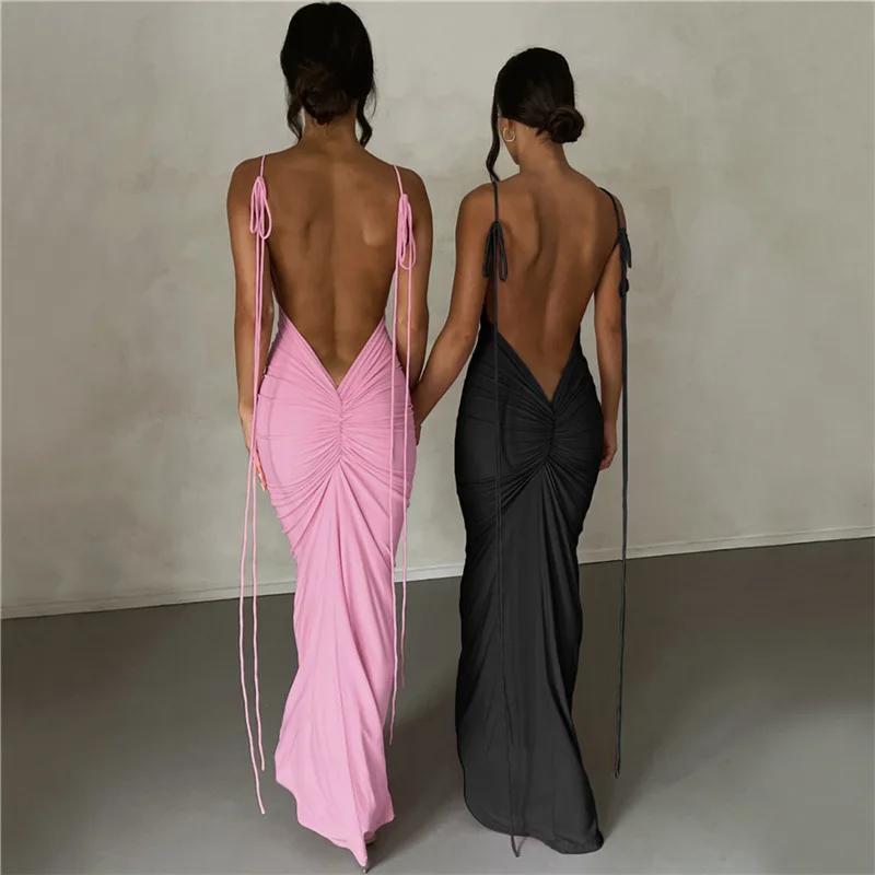 

Strap Sexy Backless Maxi Dress Outfits Women Elegant Birthday Vestido Summer Club Party Ruched Dresses