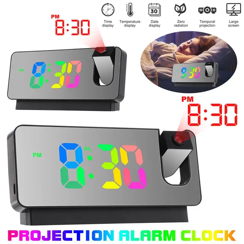 Led Digital Clock Projection On Ceiling Wall Temperature Date Display Bedside Clock For Bedroom White