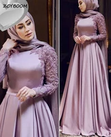 elegant satin appliques long sleeves muslim hijab prom gowns moroccan caftan formal evening dresses arabic dubai robe de soiree