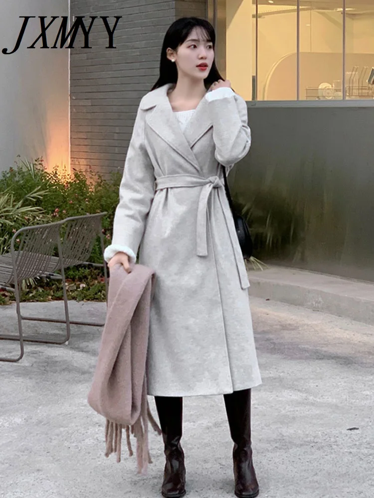 

Женское элегантное длинное шерстяное пальто JXMYY с поясом, однотонная шикарная верхняя одежда с длинным рукавом, Женское пальто с открытыми плечами 2023