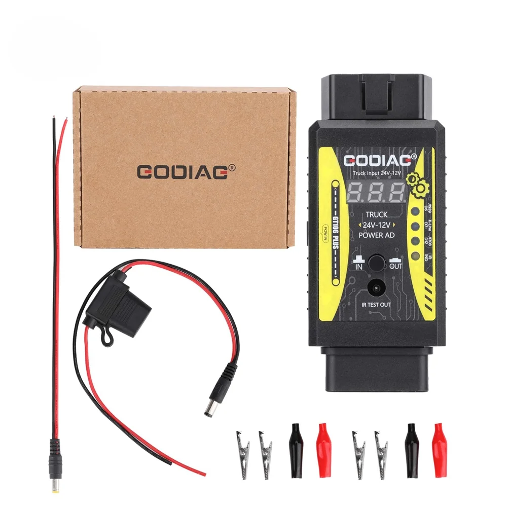 Фото Godiag GT106 + адаптер от 24 В до 12 В, сверхмощный разъем для грузовиков Diagzone X431/Thinkdiag/Xdiag/DBScar HD дизельный кабель GT106 Plus №1