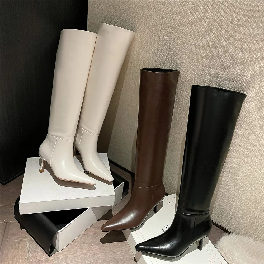 Aucegi эластичные качественные кожаные сапоги выше колена на тонком каблуке