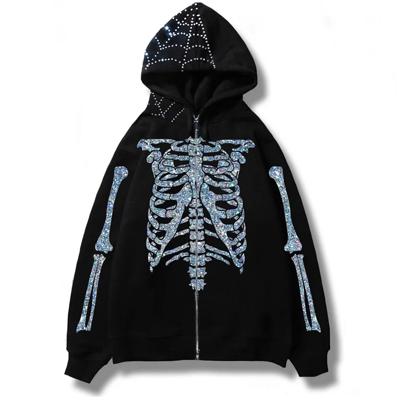 

Zip Hot diamond skull Embellished Hoodies Men Women fashion all-match Jacket Retro Streetwear Gothic teen Apparel Y2k Sweatshirt