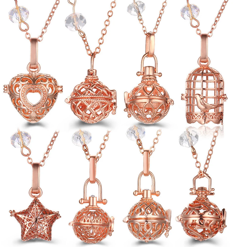 

Mexico Chime Crystal Chain Caller Locket Necklace Heart-Shaped Hollow Small Pendant Aromatherapy Essential Oil Diffuser Jewelry