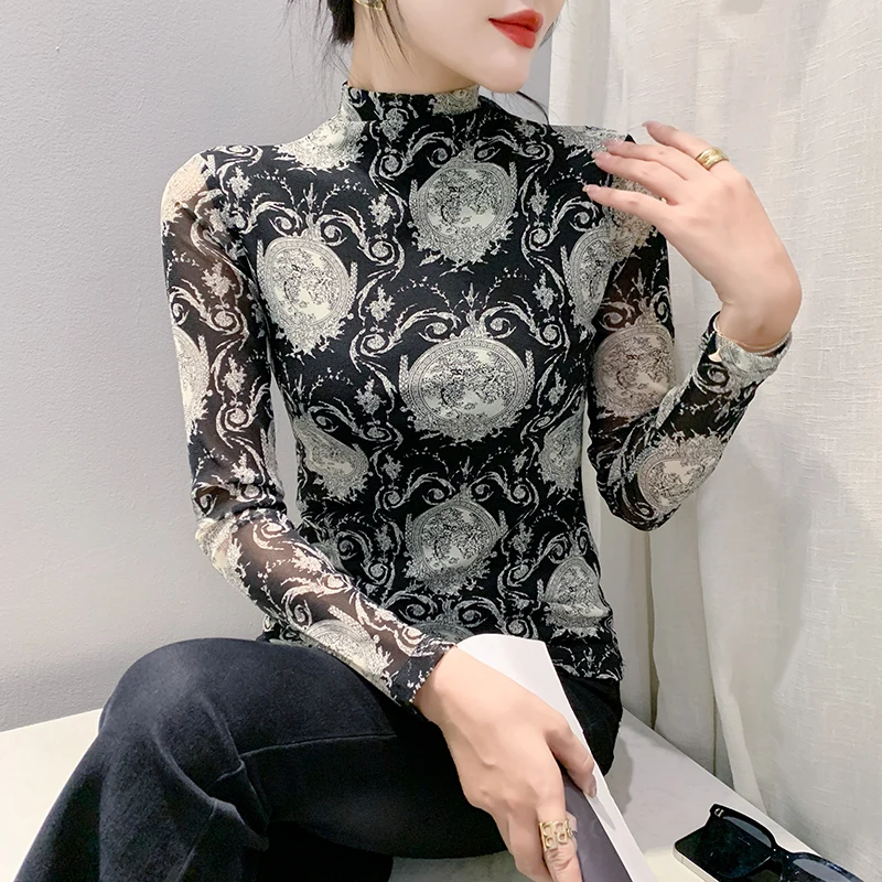 

Fashion Printed Long Sleeved Turtleneck Women's T-Shirt Elegant Slim High Strecth M-3XL Mesh Tops Blusas