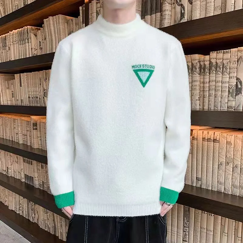 

Winter New Men's Half Turtleneck Pullover Knit Sweater Cozy Trend Teen Casual Triangle Pattern Long Sleeve Thermal Top M-3XL