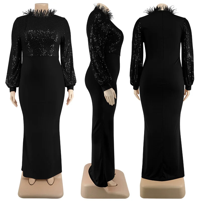 Plus Size Women Clothing Temperament Dresses Embroidery Sequined Beads Maxi Dress Elegant Trumpet Dresses Who 3xl 4xl 5xl 6xl
