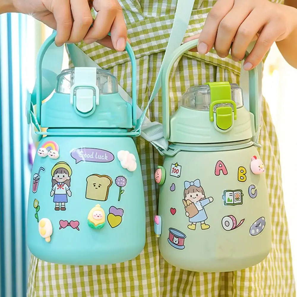 

Portable Outdoor 1000ML Cute Antler Travel Cartoon Strap Water Cup Straw Drinkware Water Bottle With Straw And Sticker