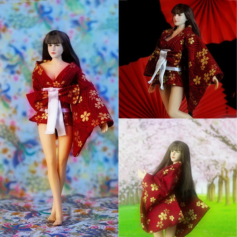 

1/6 Female Soldier Sexy Fashion Antique Red Short Kimono Print Loose Sleeves Fits 12 Inches Action Figure Model Dolls