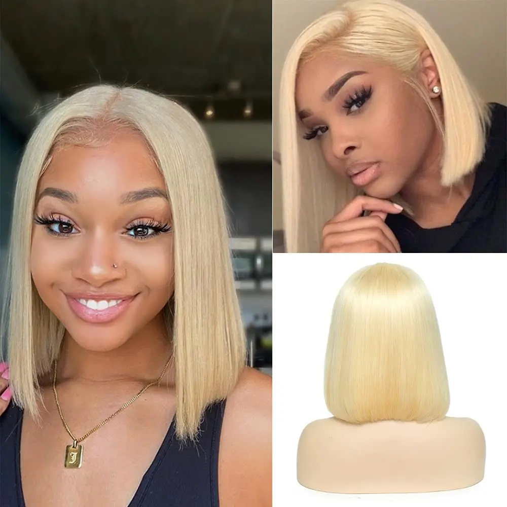 

613 Honey Blonde Color Straight 13x4 Transparent Lace Frontal Human Hair Wig Brazilian Remy Short Bob HD Lace Wigs For Women