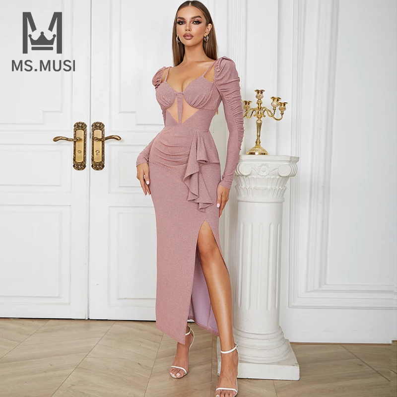 

Новинка 2023, модное женское сексуальное драпированное платье MSMUSI с оборками, длинным рукавом, шнуровкой и открытой спиной, облегающее платье-макси для клуба