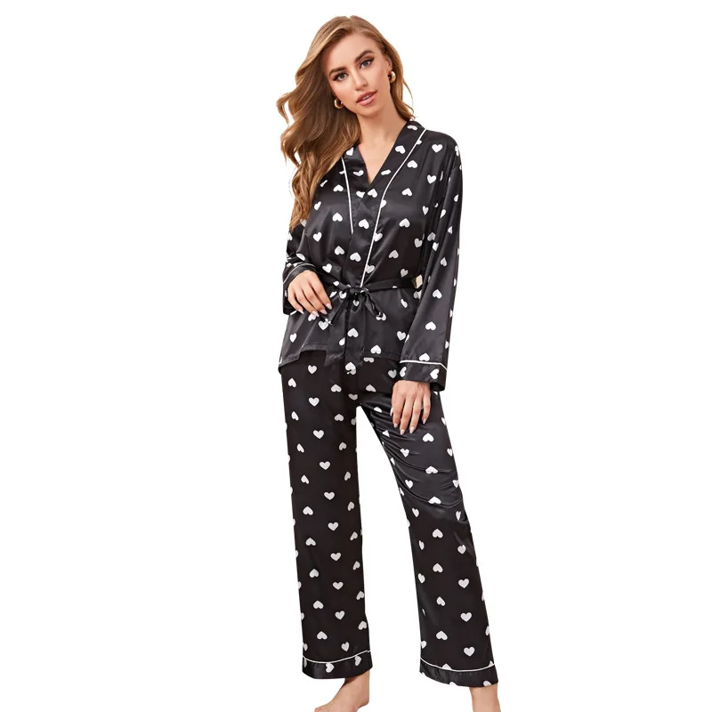 Designer Women Long-Sleeve Sleepwear Suit Heart Shaped Print Silk Satin Pajamas Set Summer Autumn Pyjamas Nightwear with Belt