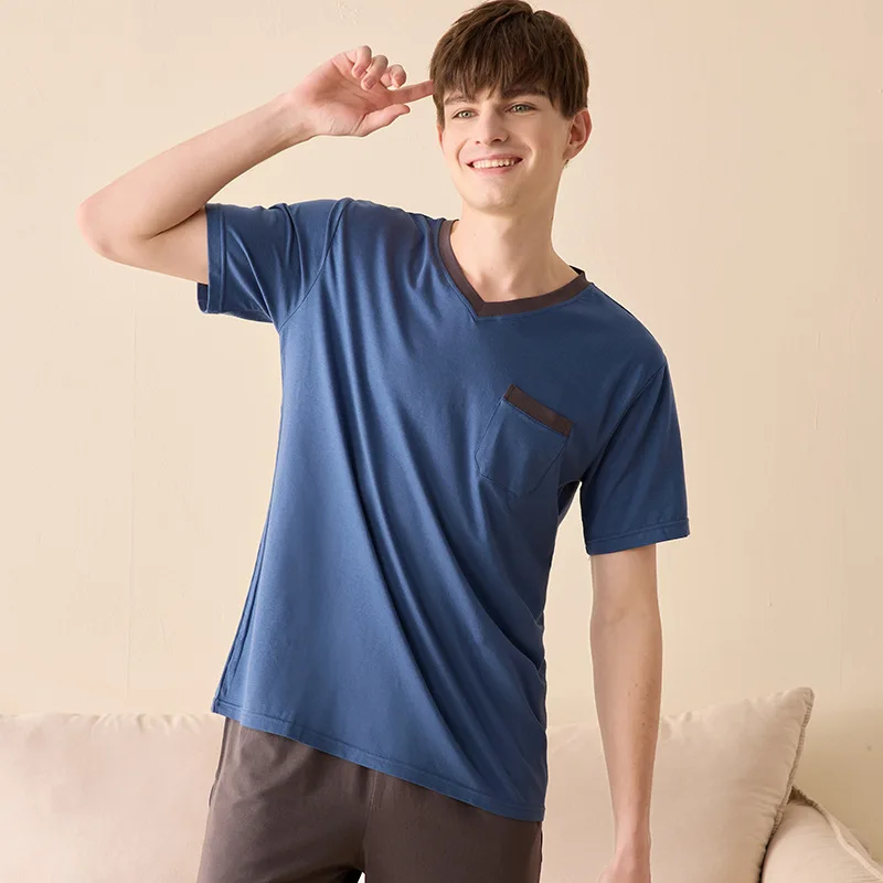 2022 New Summer 40S Cotton Pajamas Sets Men Homewear Boy High Quality Short Sleeve Night Sleep Pants