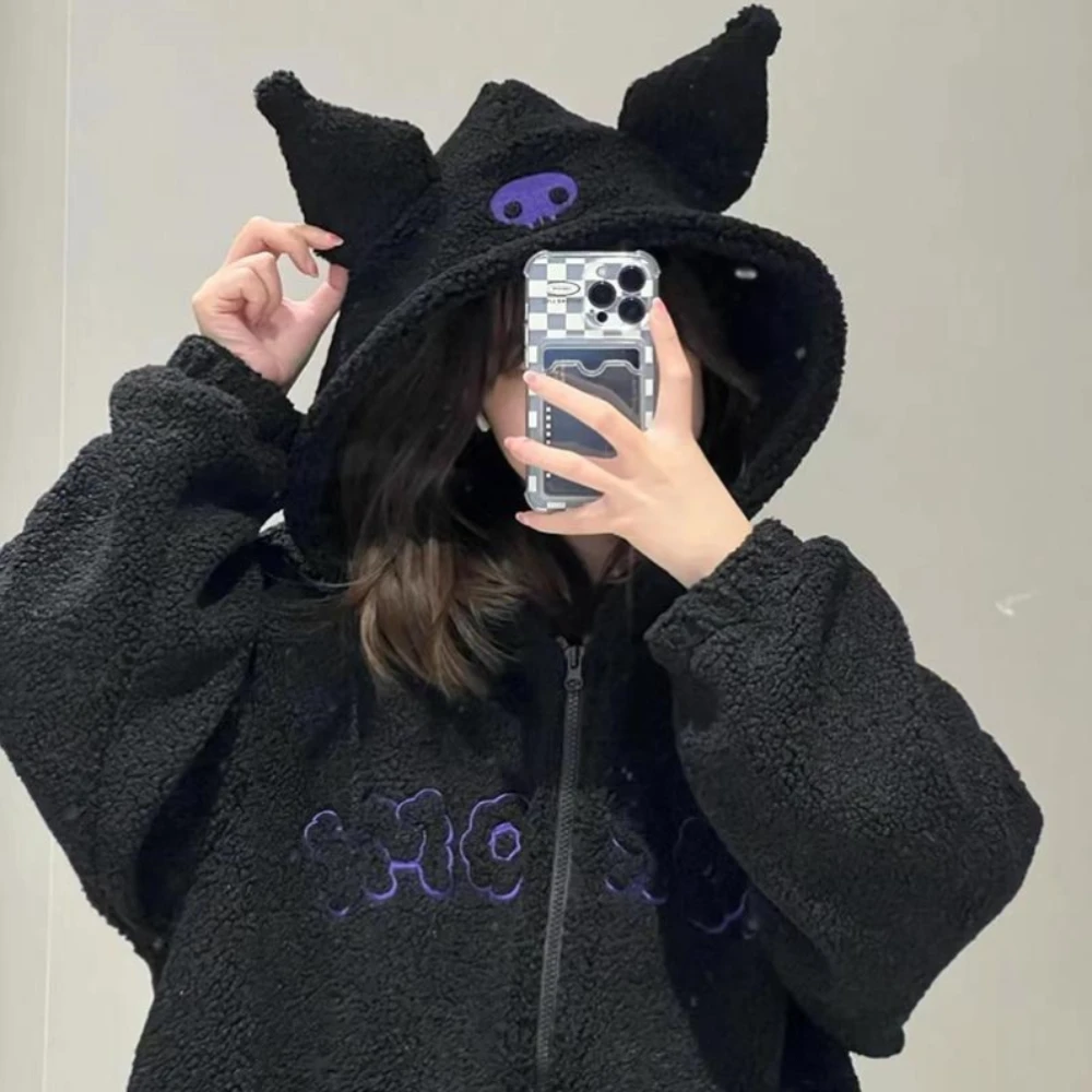 

Kawaii Plush Warm Thick Coat Sanrio Kuromi Anime Cartoon Autumn Winter Hoodie Casual Loose Black Zip Up Long Sleeve Sweatshirts