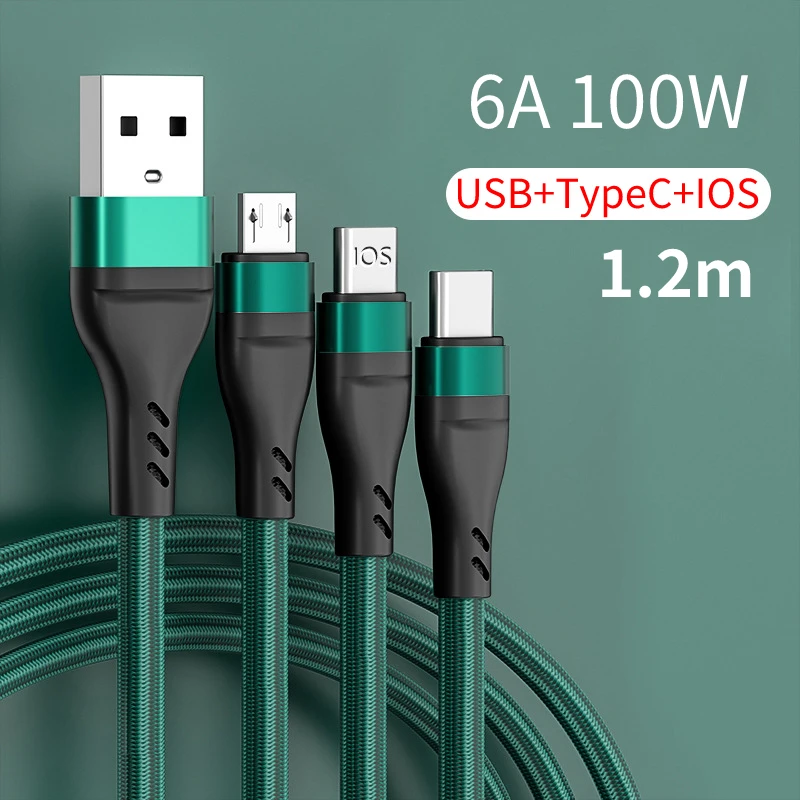 

6A USB Type C Charging Cable For iphone xiaomi huawei realme 3 in 1 1.2M Super Fast Charge USB C Cable 100W Phone Accessories