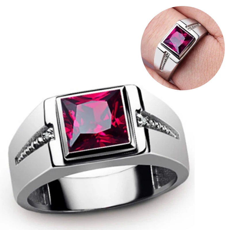 

Classic Engagement Jewelry Mixed Color Red Green Blue Square Zircon Gold Silver Color Metal Ring for Women Men Party Jewelry