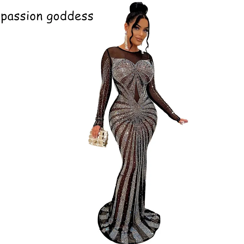 New 2022 Women Sheer Mesh Diamonds Long Mermaid Sexy Night Club Party Dress Full Sleeve See Through Rhinestone Maxi Dress Black