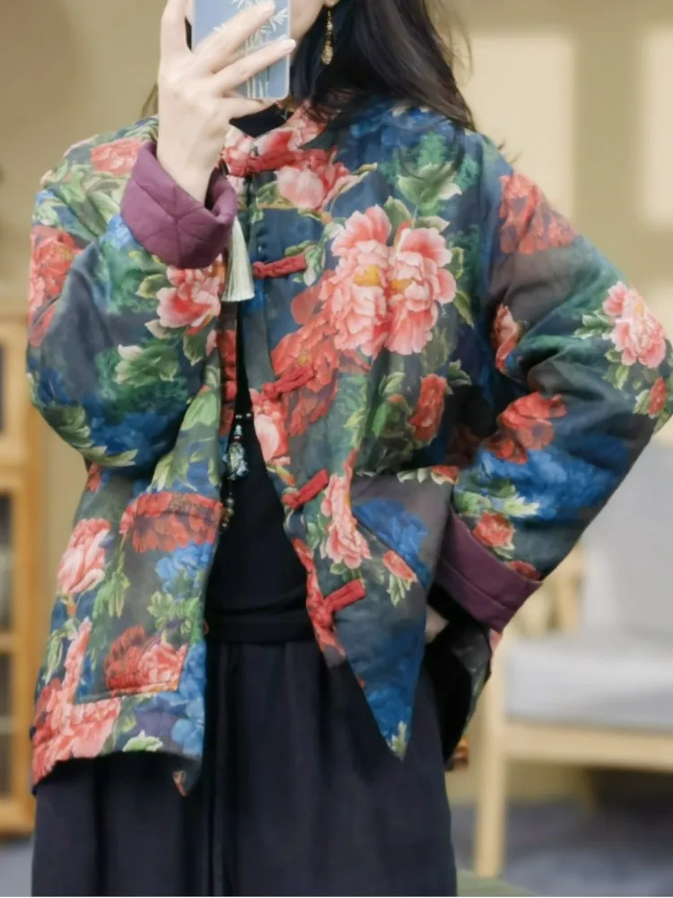 Осенне-зимнее стеганое хлопковое пальто с цветочным принтом женские