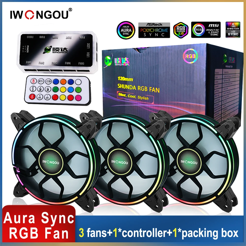 

IWONGOU ARGB Sync 120mm PC Cooler Fan RGB Adjustable Speed Adjust LED 12cm Kit 3 In1 Computer Argb Case Fan Controller