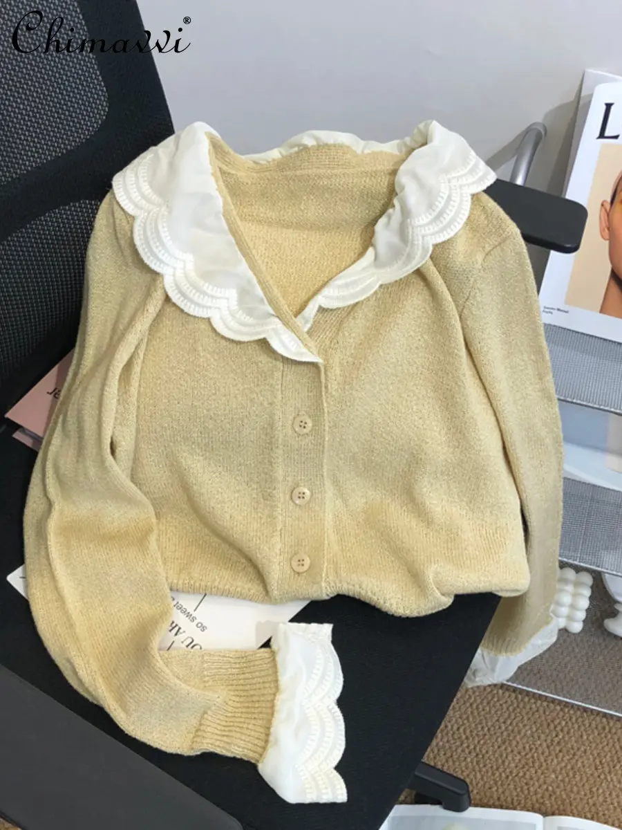 

Fashion Lace Stitching Solid Color Sweater Coat Women's 2022 Spring and Autumn Lace Single-Breasted Knitted V Neck Cardigan Top