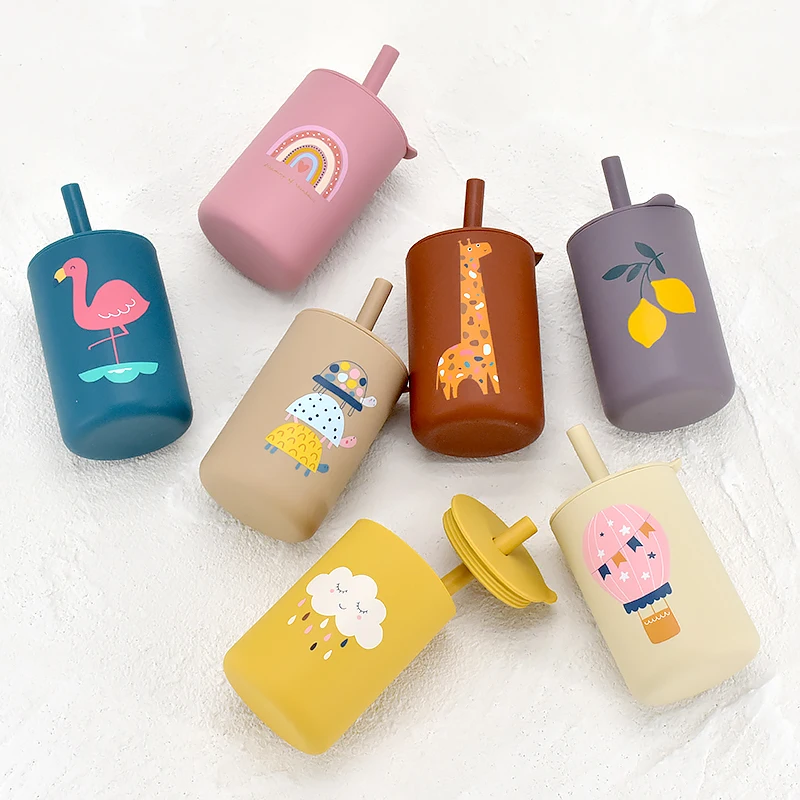 Фото Детская силиконовая чашка Sippy, портативный контейнер для хранения, контейнер для закусок, кормление детей с радужным принтом, герметичная обучающая чашка для напитков, без БФА №1