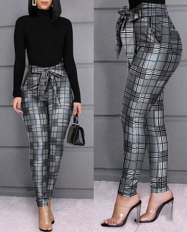 

Grid Design Bow Tie Casual Pants Europe and America Fashion Women's Clothing 2022 Autumn New