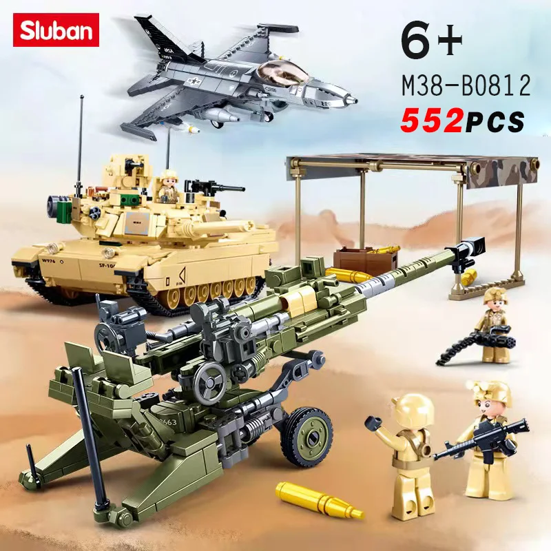 

WW II Military USA Abrams M1A2 Battle Tank Building Blocks F-16C Falcon Fighter M777 Light howitzerArmy War Weapon Kids Gift Toy