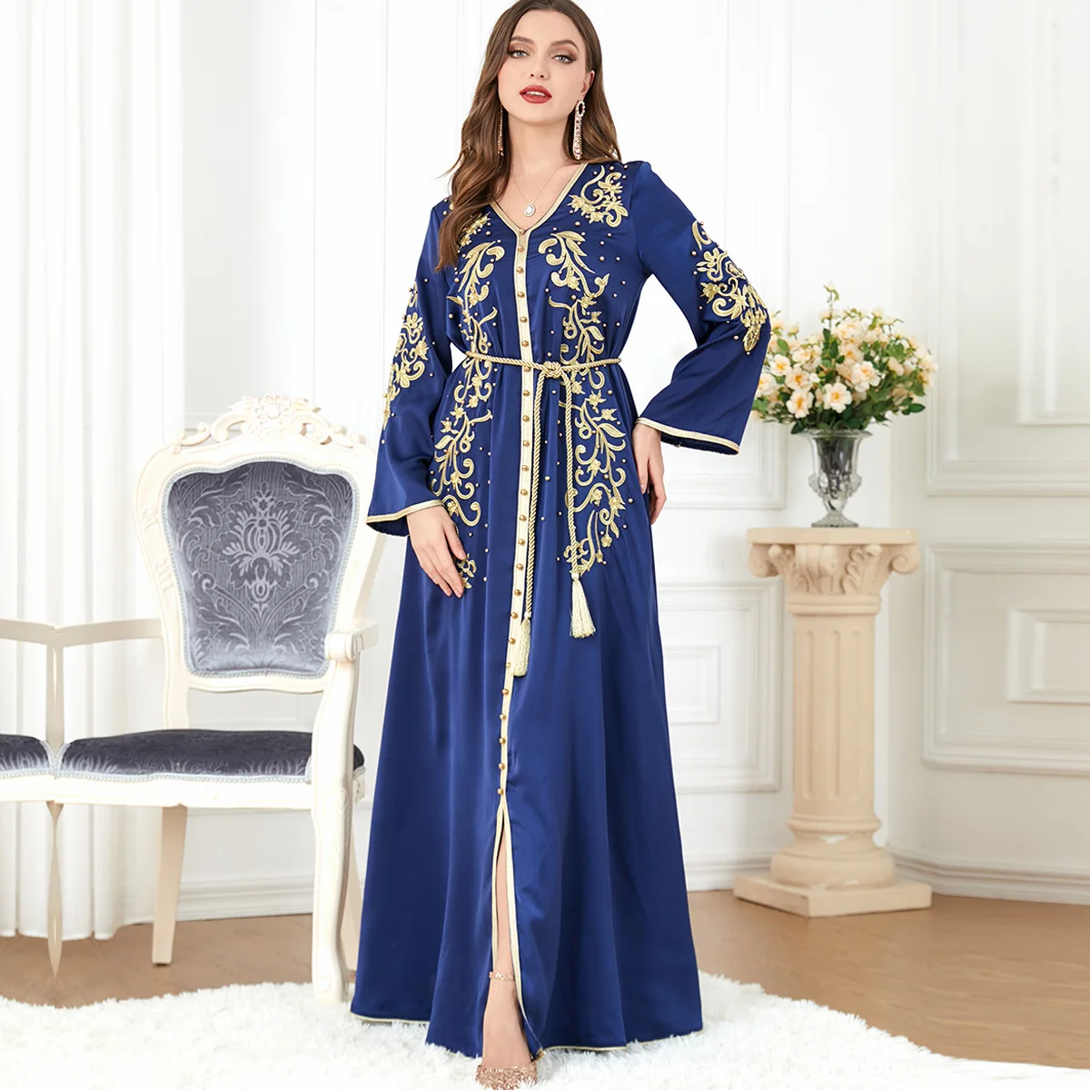 Elegant Casual Floral Embroidery Beaded Long Sleeve Muslim Dresses Party Belted Kaftan Modest Clothing Women Ramadan