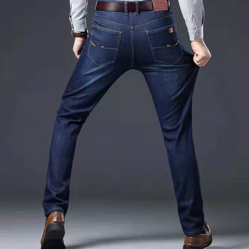 Эластичные джинсы мужские однотонные прямые деловые повседневные джинсовые
