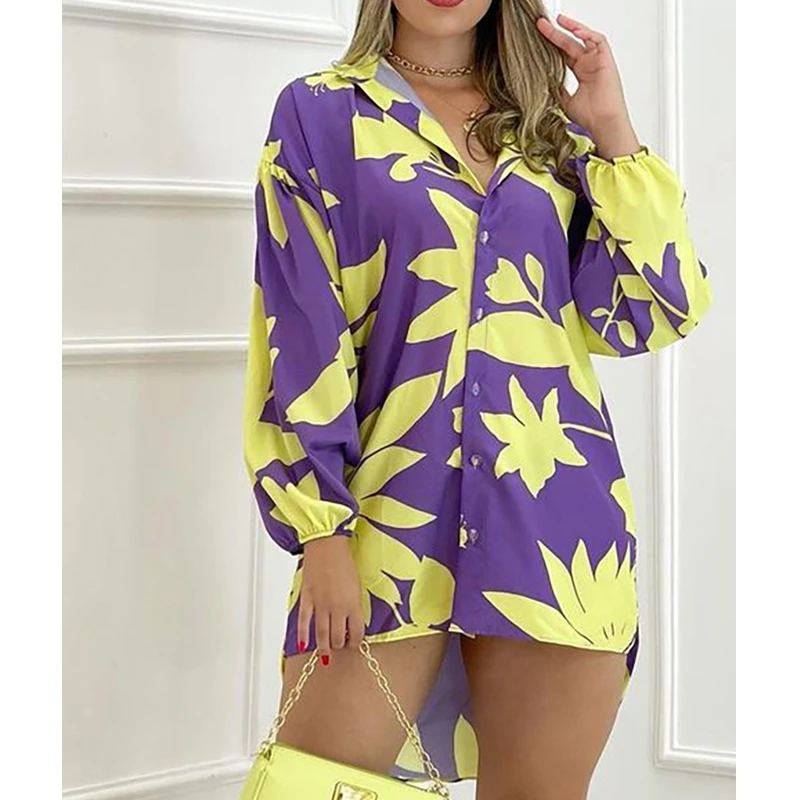 

Women Shirt Dress Summer Print Loose Cardigan Irregular Long Shirt Women Lantern Sleeve Single-Breasted Turn-down Collar Shirt